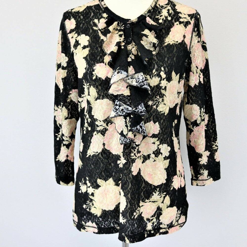 Ralph Lauren LRL Blouse Top Lace Ruffled Floral Long Sleeve Large